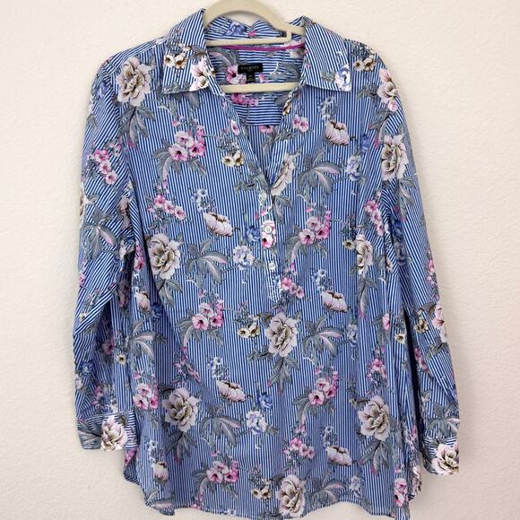 Talbots Women Blouse Top Size 2X 100% Cotton Floral Lightweight Classic Blue - Picture 1 of 8